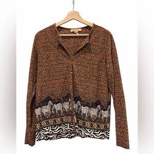 Pleat Pleat by RAFAEL Brown Artsy Safari Print 90’s Teacher Top/Cardigan Medium